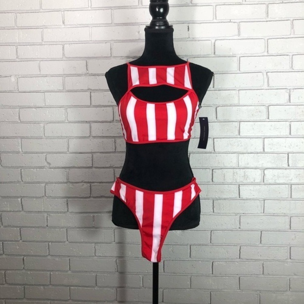 French Connection Red White‎ Striped Cutout Bikini Set XL New